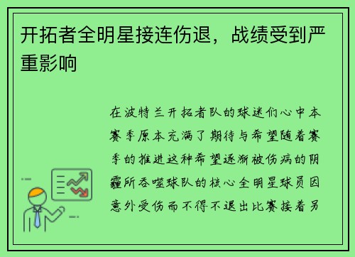 开拓者全明星接连伤退，战绩受到严重影响