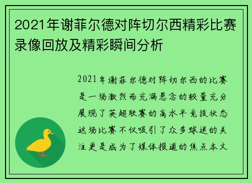 2021年谢菲尔德对阵切尔西精彩比赛录像回放及精彩瞬间分析