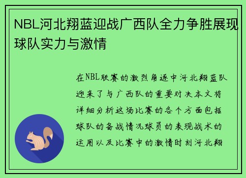 NBL河北翔蓝迎战广西队全力争胜展现球队实力与激情